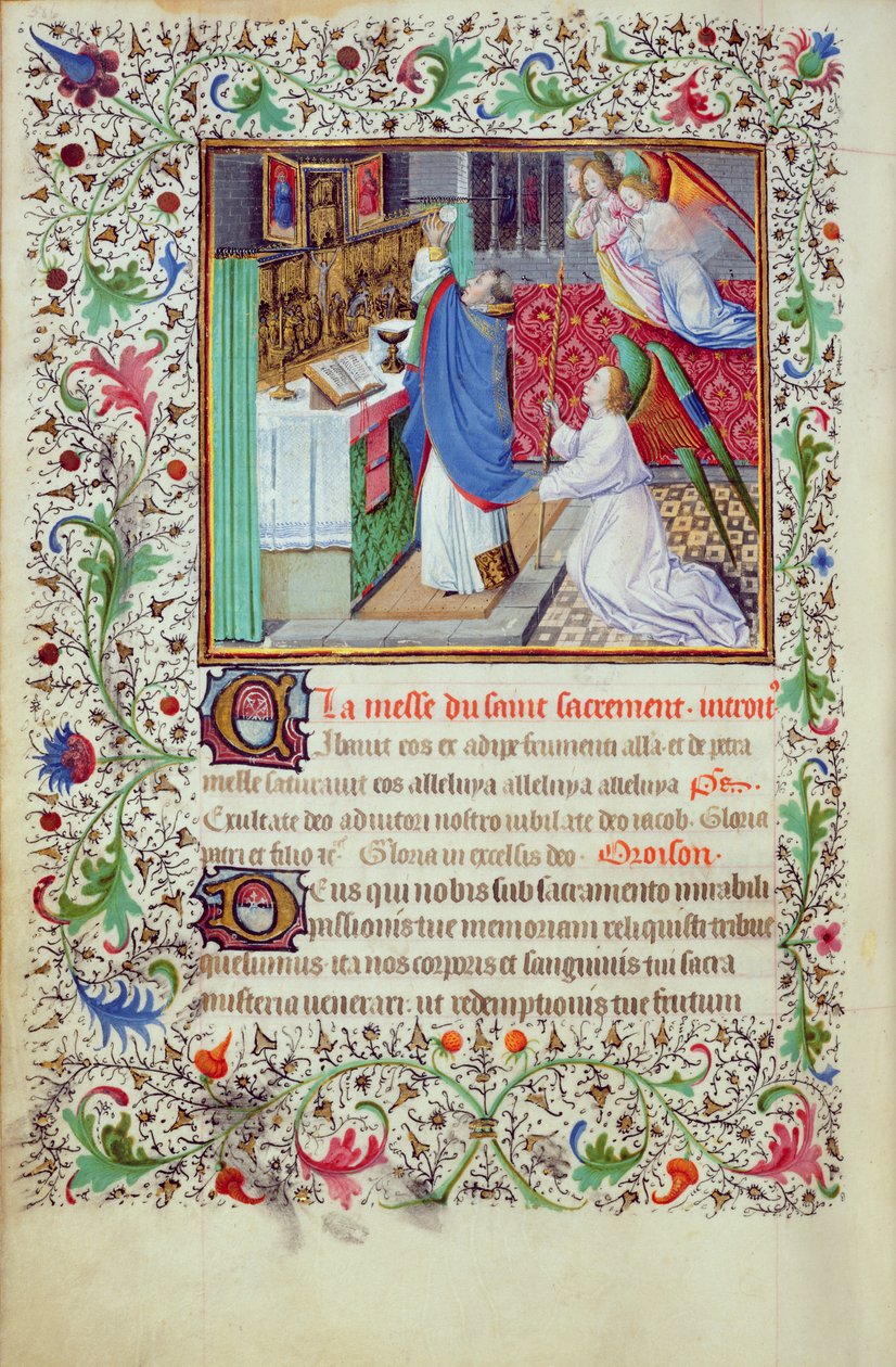 Ms 3-1954, f.193v: Forberedelse af eukaristien, miniature fra en timebog lavet til Filip den Dristige, hertug af Bourgogne, efter 1370 af French School