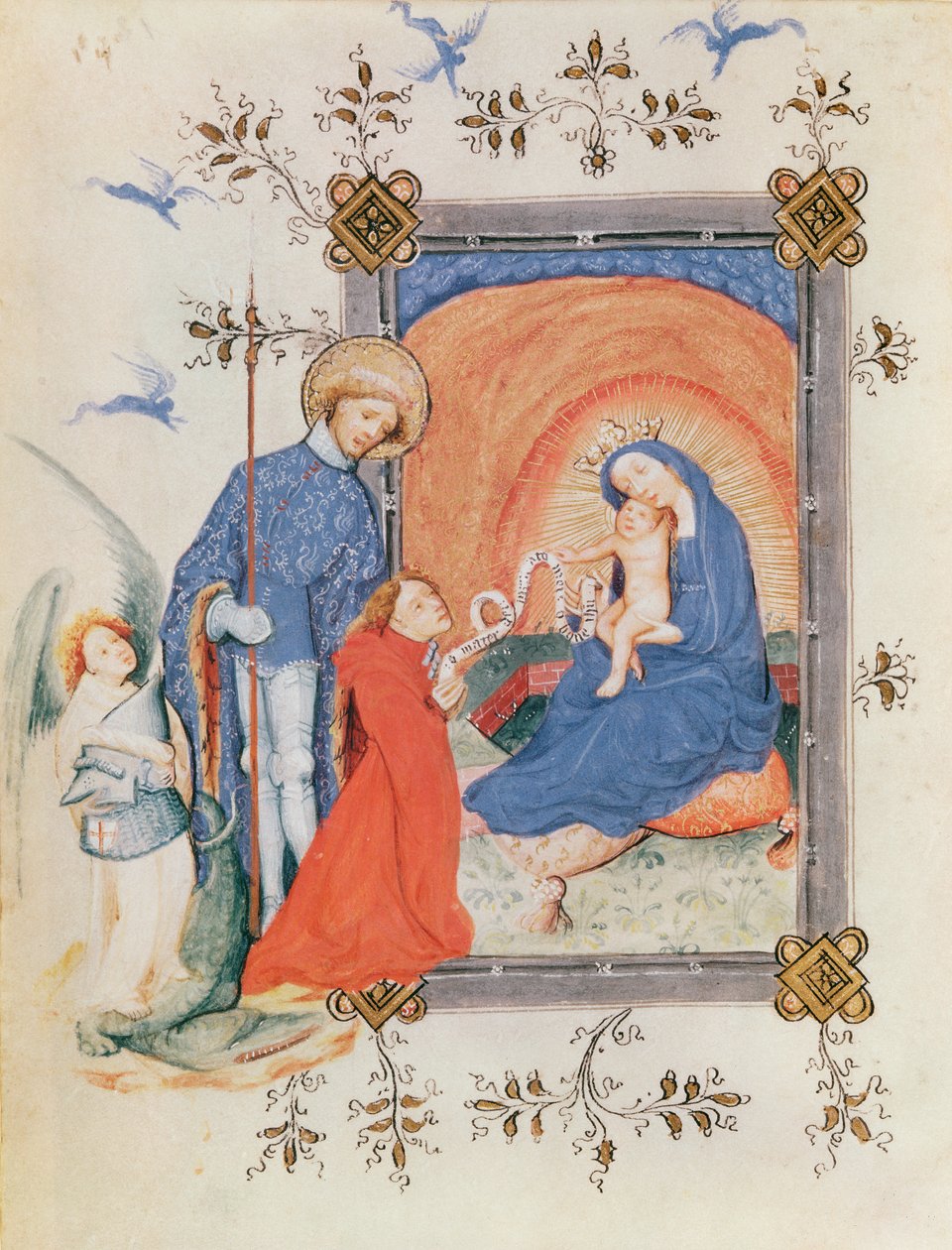 Ms 3024 fol.12v Jomfru og barn med en knælende mand og St. George, fra en timebog af French School