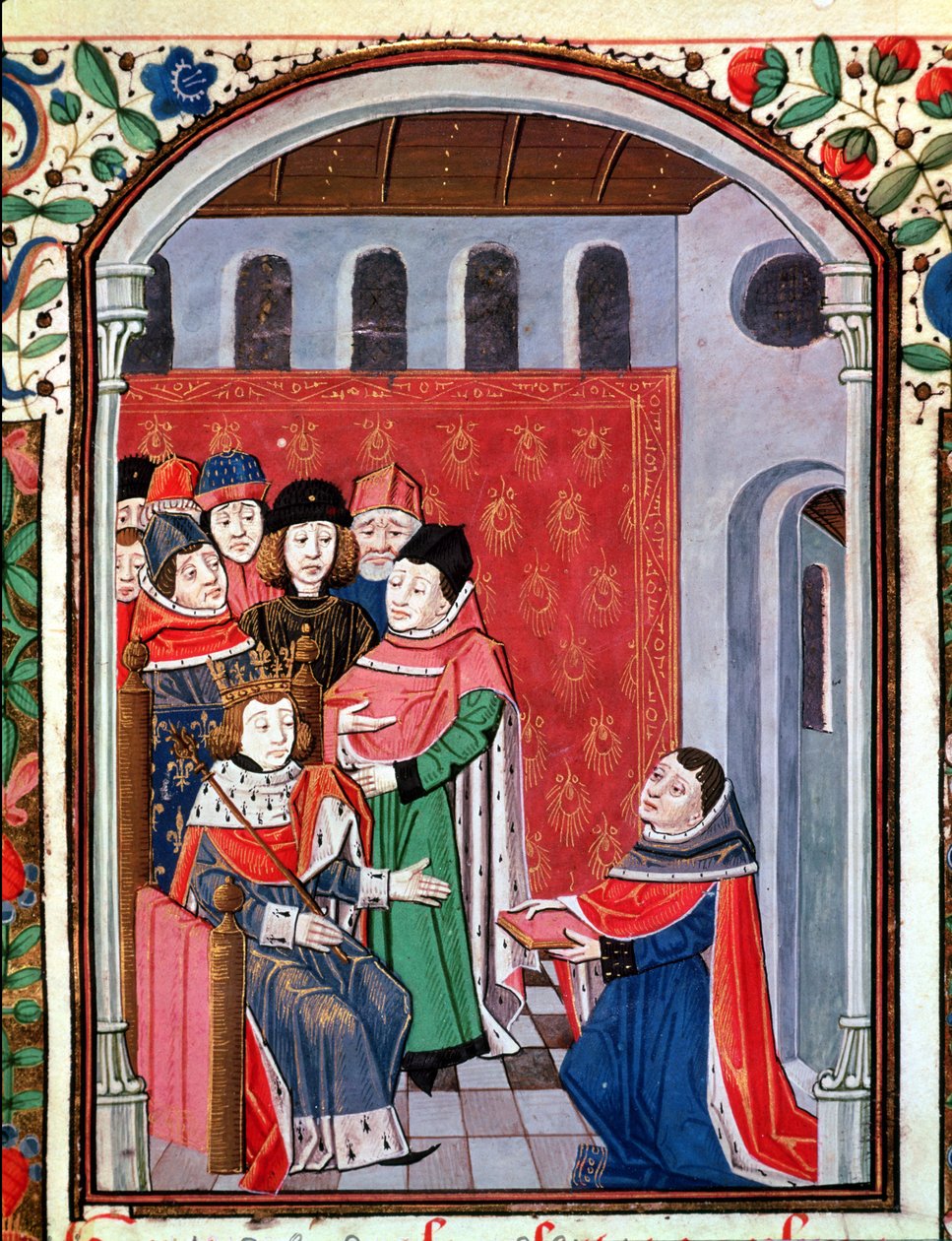 Ms 3045 fol.1 Jean de Meung (1240-1305) tilbyder sin oversættelse til Philippe le Bel (1268-1314) fra The Consolation of Philosophy af Boethius af French School