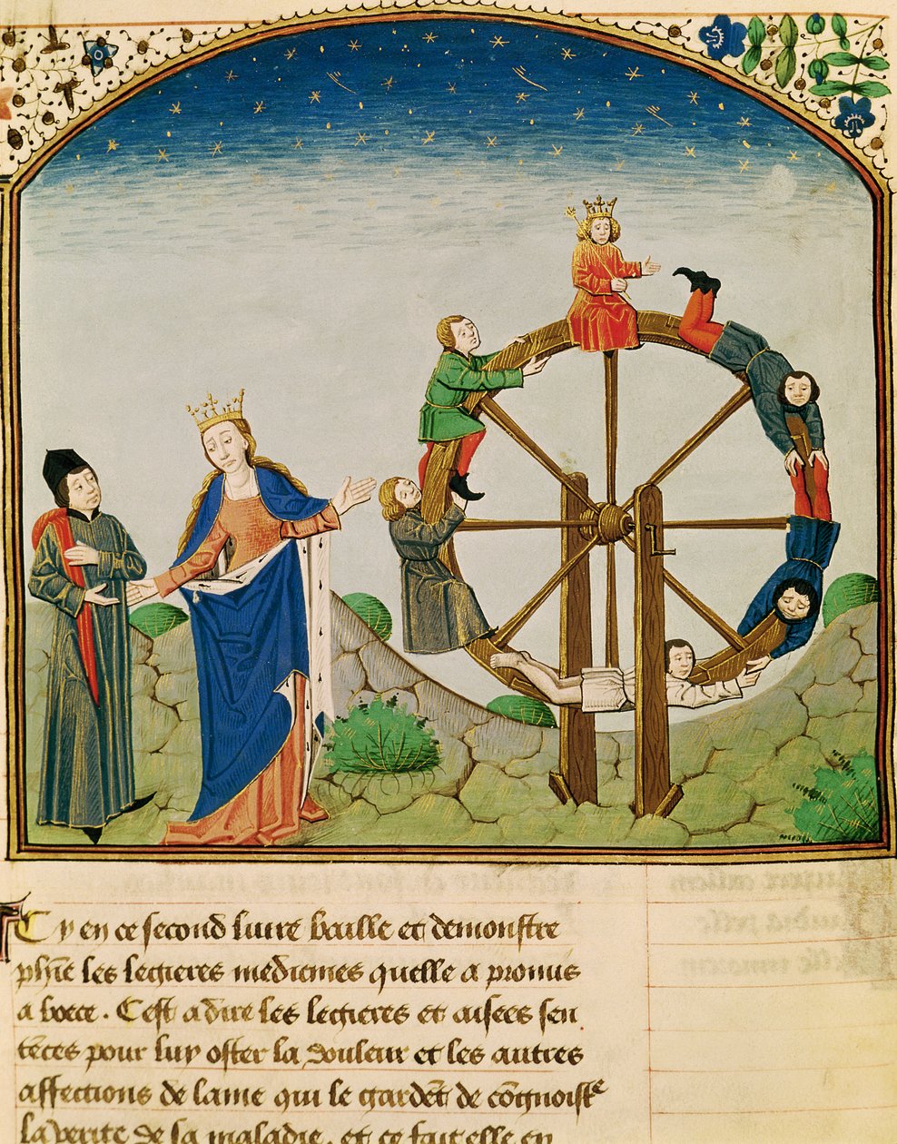 Ms 3045 fol.22v Boethius med lykkehjulet, fra The Consolation of Philosophy, oversat af Jean de Meung af French School