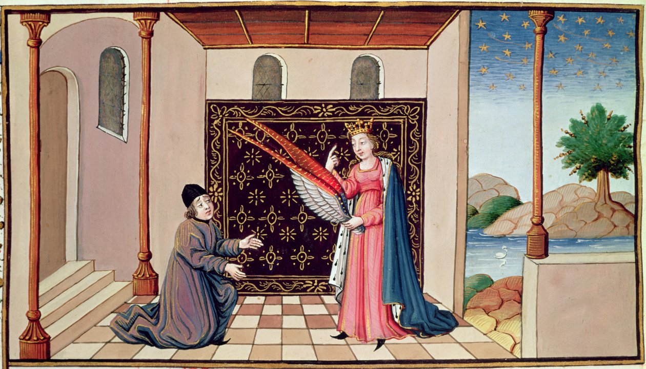 Ms 3045 fol.68v Lady Philosophy tilbyder Boethius vingerne, der vil sætte hans sind i stand til at flyve i vejret af French School