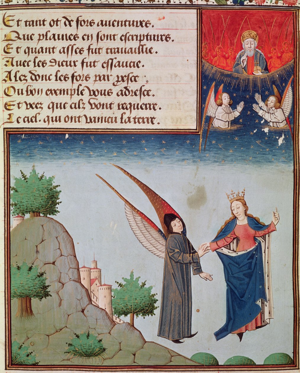 Ms 3045 fol.94r Lady Philosophy fører Boethius i flugt til himlen på de vinger, som hun har givet ham; Gud Fader ser på i velsignelse af French School
