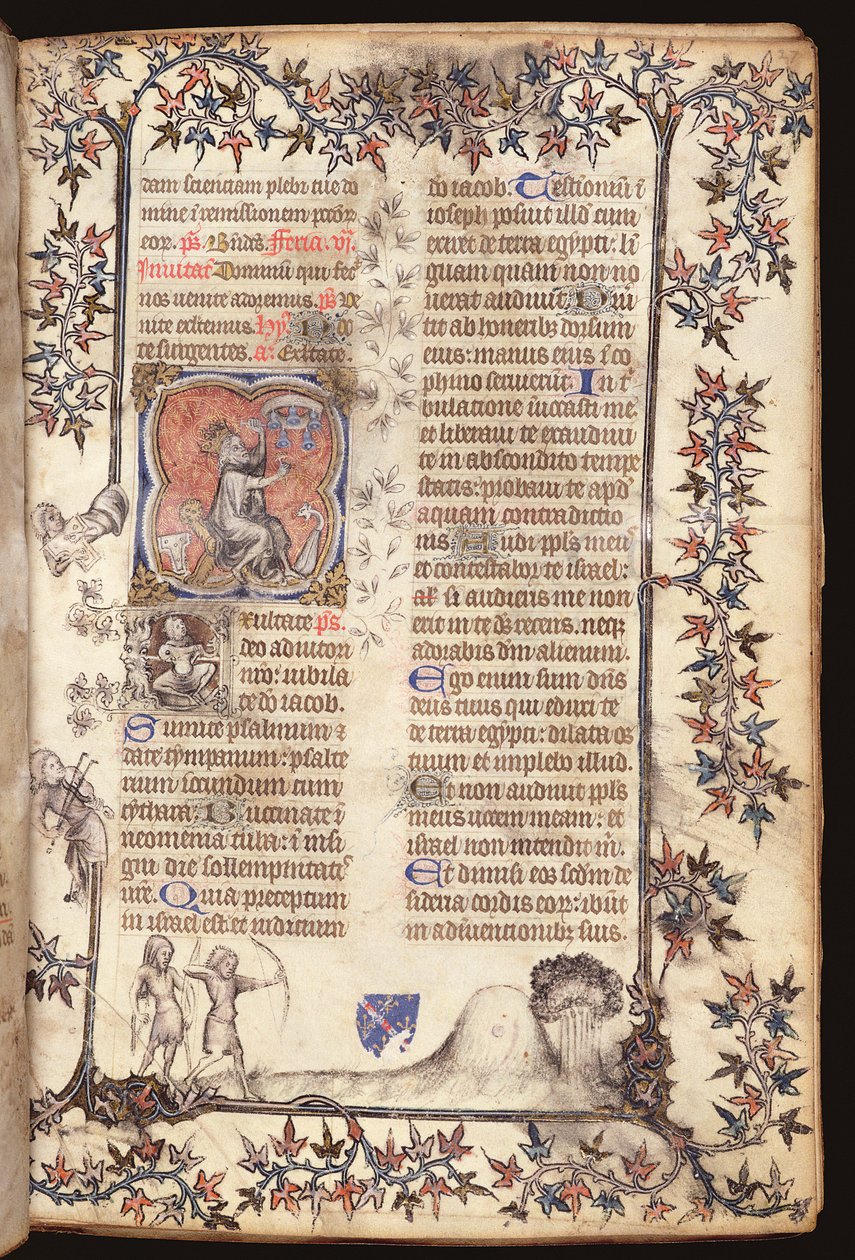 Ms 306 f.27r, kong David, der sidder, slår en tone med fem klokker, fra et brev, Use of Paris, 1400 af French School
