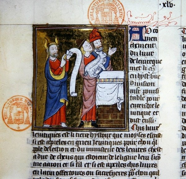 Ms 312 Moses tilbyder påskelammet, miniature fra Bibelen Historiale of Guyart des Moulins (vellum) af French School