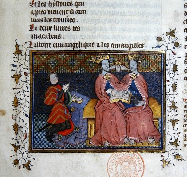 Ms 312 Treenigheden og den knælende donorfigur, miniature fra Bible Historiale of Guyart des Moulins (vellum) af French School