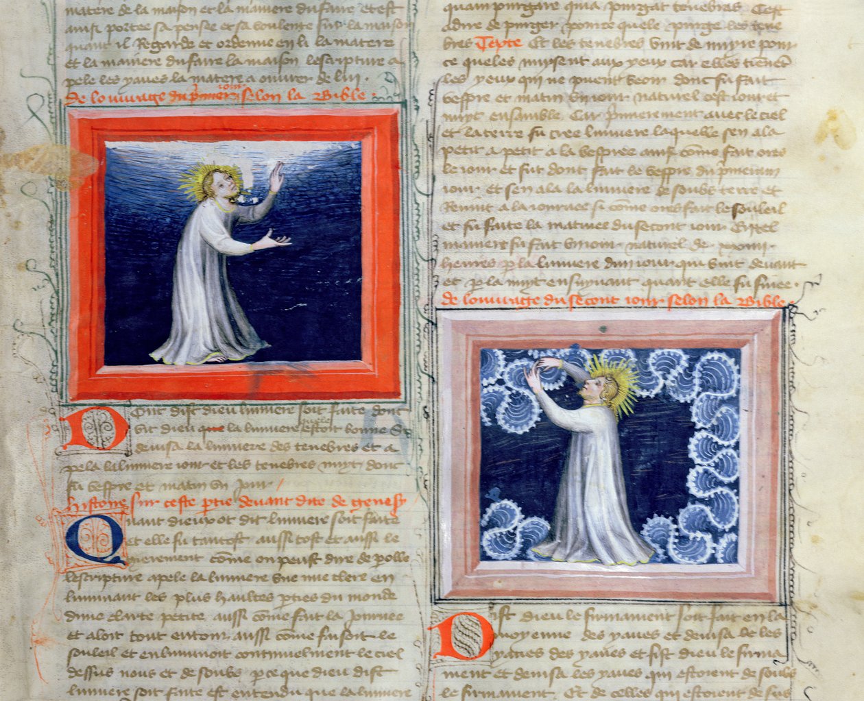 Ms 313 Gud, der adskiller lyset fra mørket (til venstre) og skaber himmelhvælvingen (til højre), fra Bible des Grands Augustins, 1494 af French School