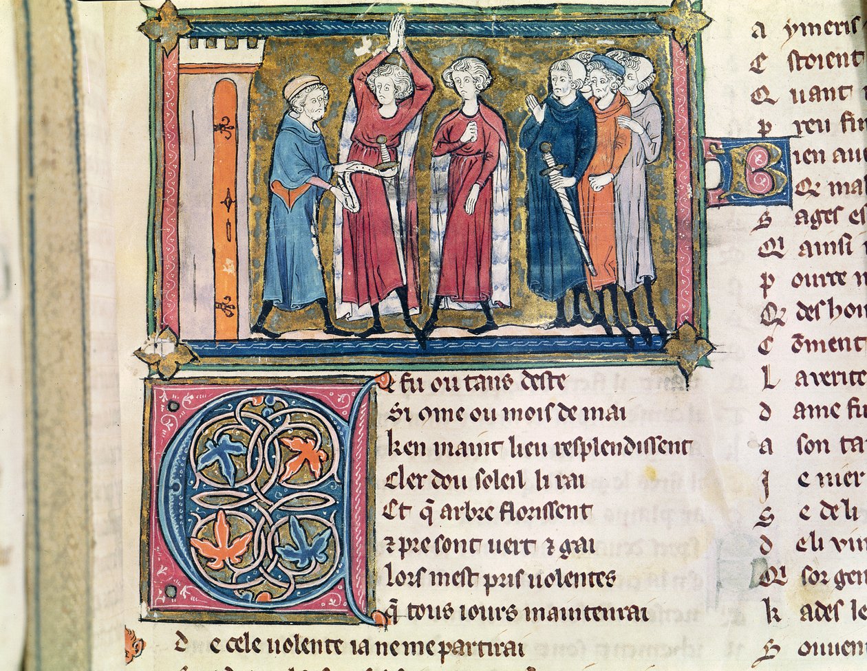 Ms 3142 fol.179 Bevæbning af en ridder, fra Recueil de Poesies Francaises, c.1280-90 af French School