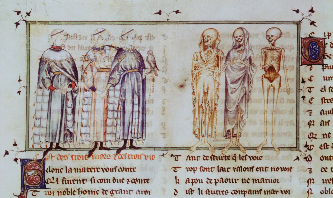 Ms 3142 fol.311r Historien om de tre levende mænd og de tre døde mænd, fra Recueil de Poesies Francaises, c.1280-90 af French School