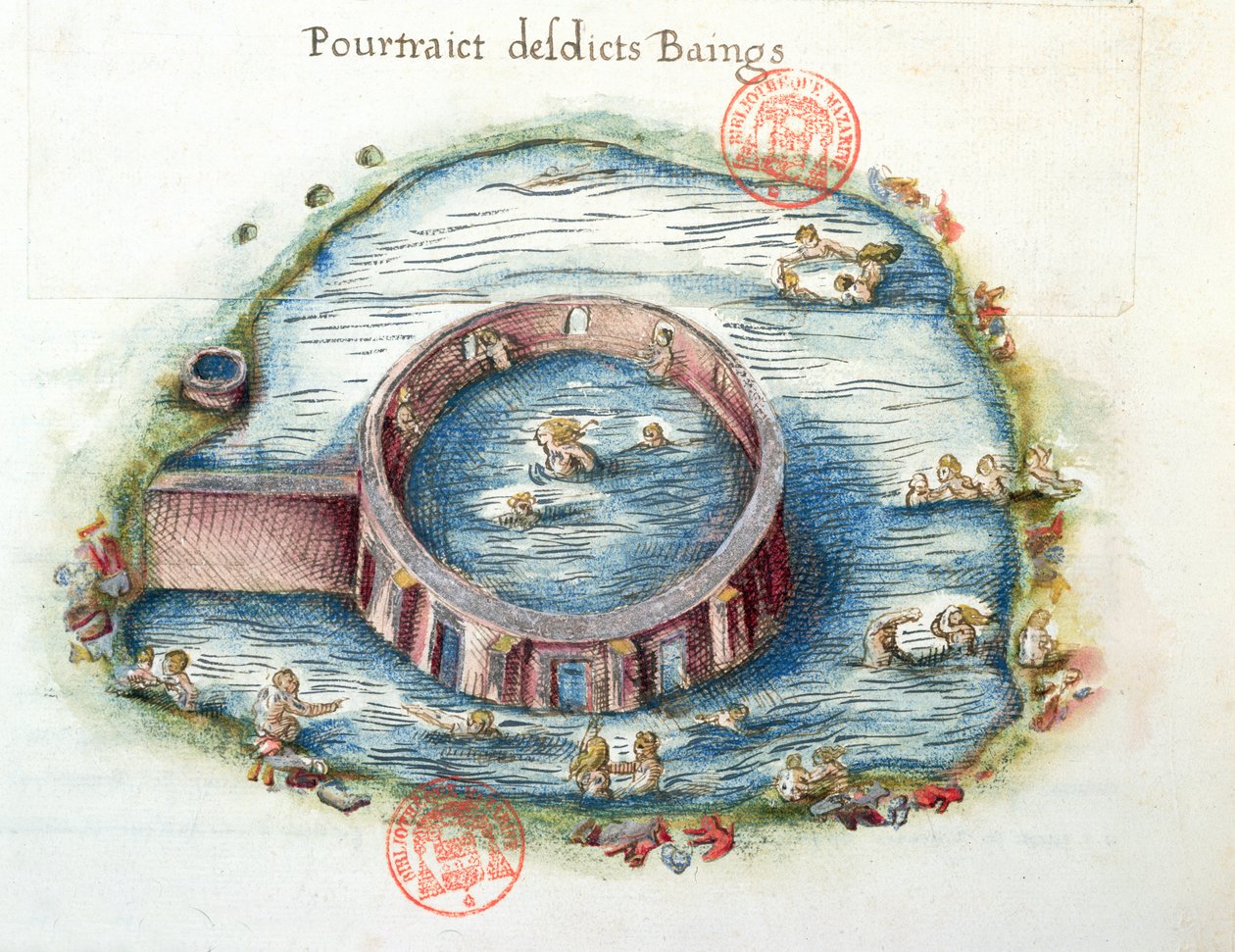 Ms 3242 The Baths of Bourbon-Lancy, illustration fra Generale Description du Bourbonnais af Nicolas de Nicolay, 1569 (wc på papir) af French School