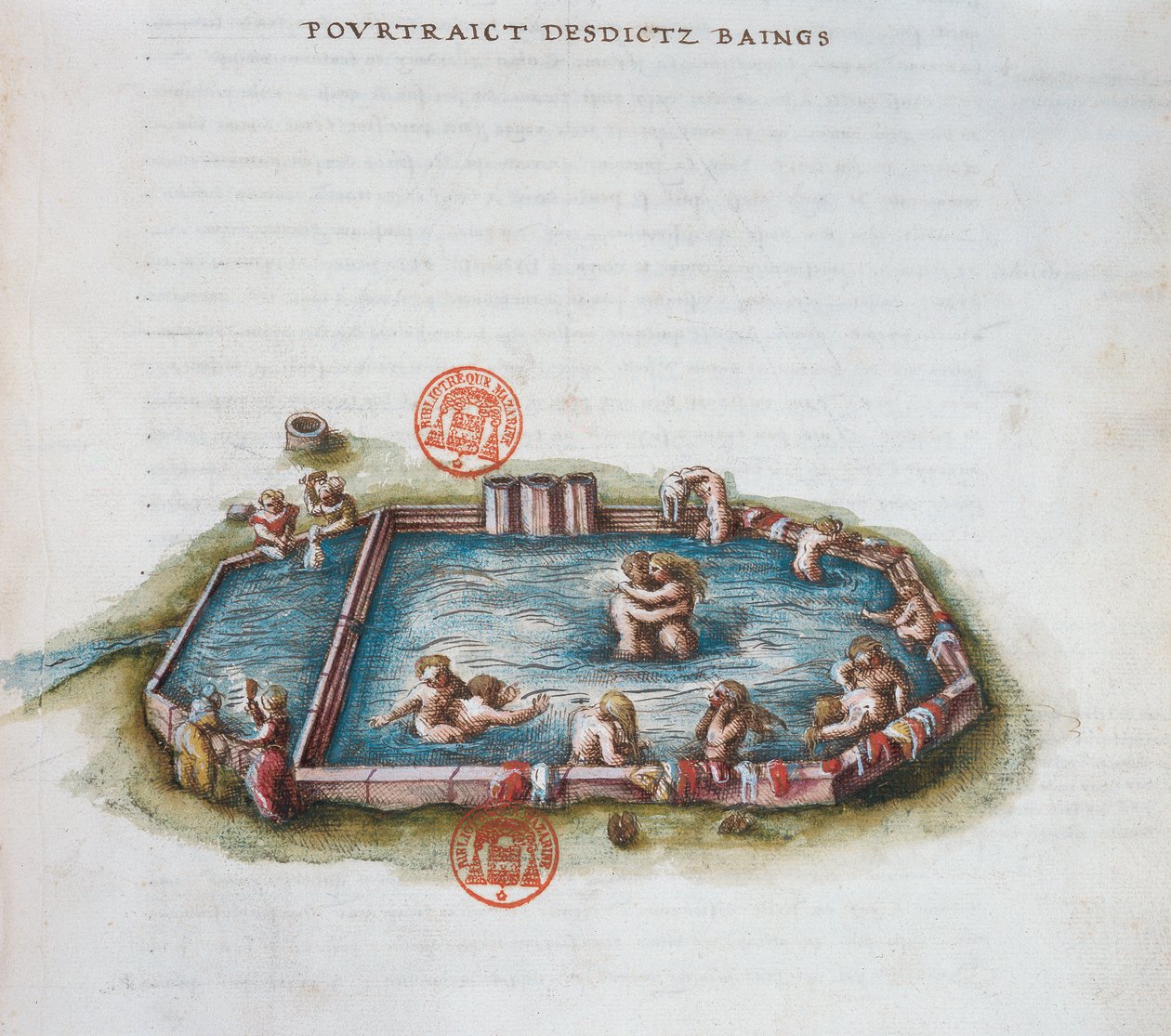 Ms 3243 The Baths of Bourbon lArchambaut, Auvergne, illustration fra Generale Description du Bourbonnais af Nicolas de Nicolay, 1569 (wc på papir) af French School