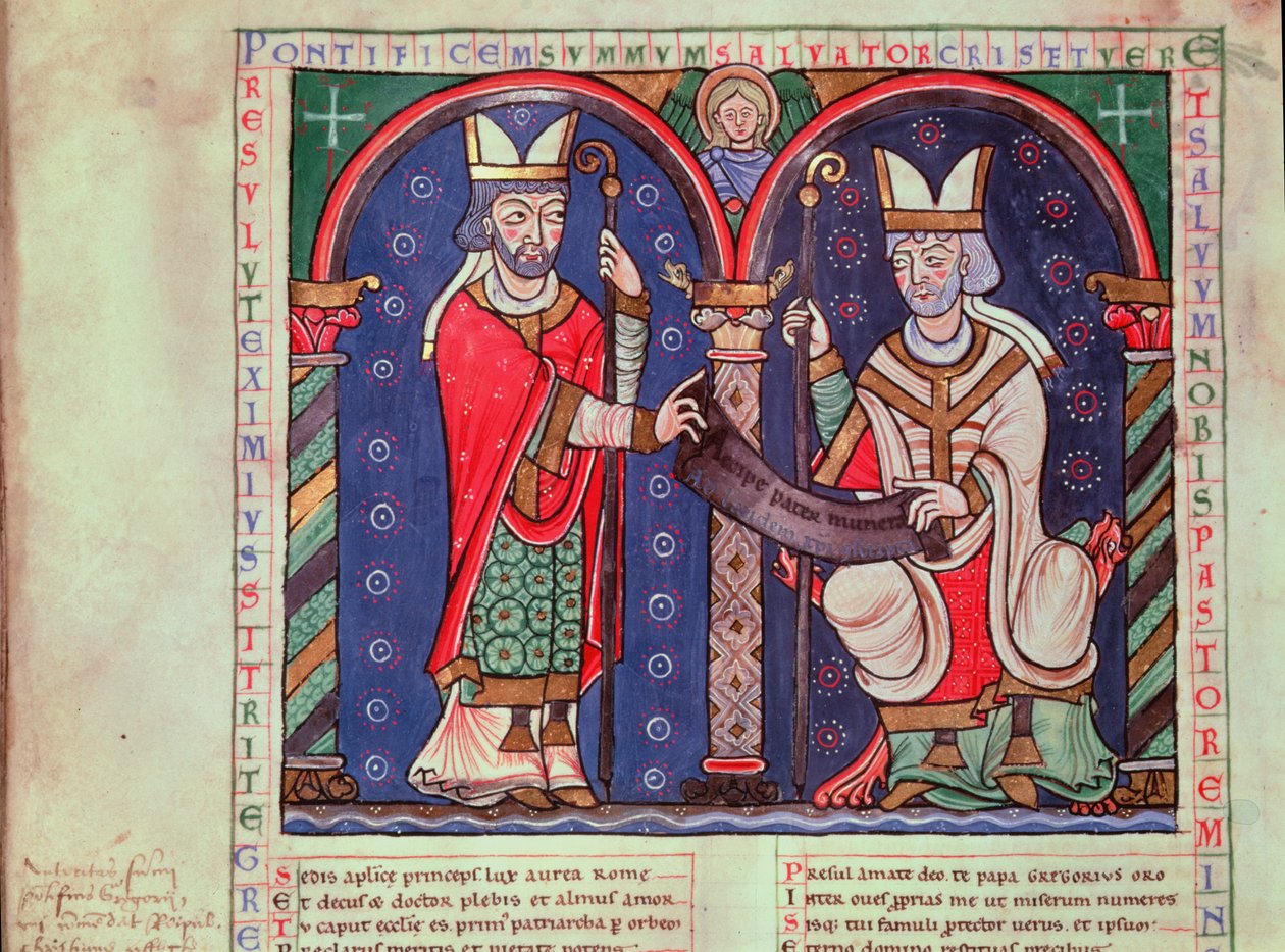 Ms 3401 fol.39v Rabanus Maurus (ca. 780-856) tilbyder sin bog til pave Gregor I (540-604) fra Anchin Abbey af French School