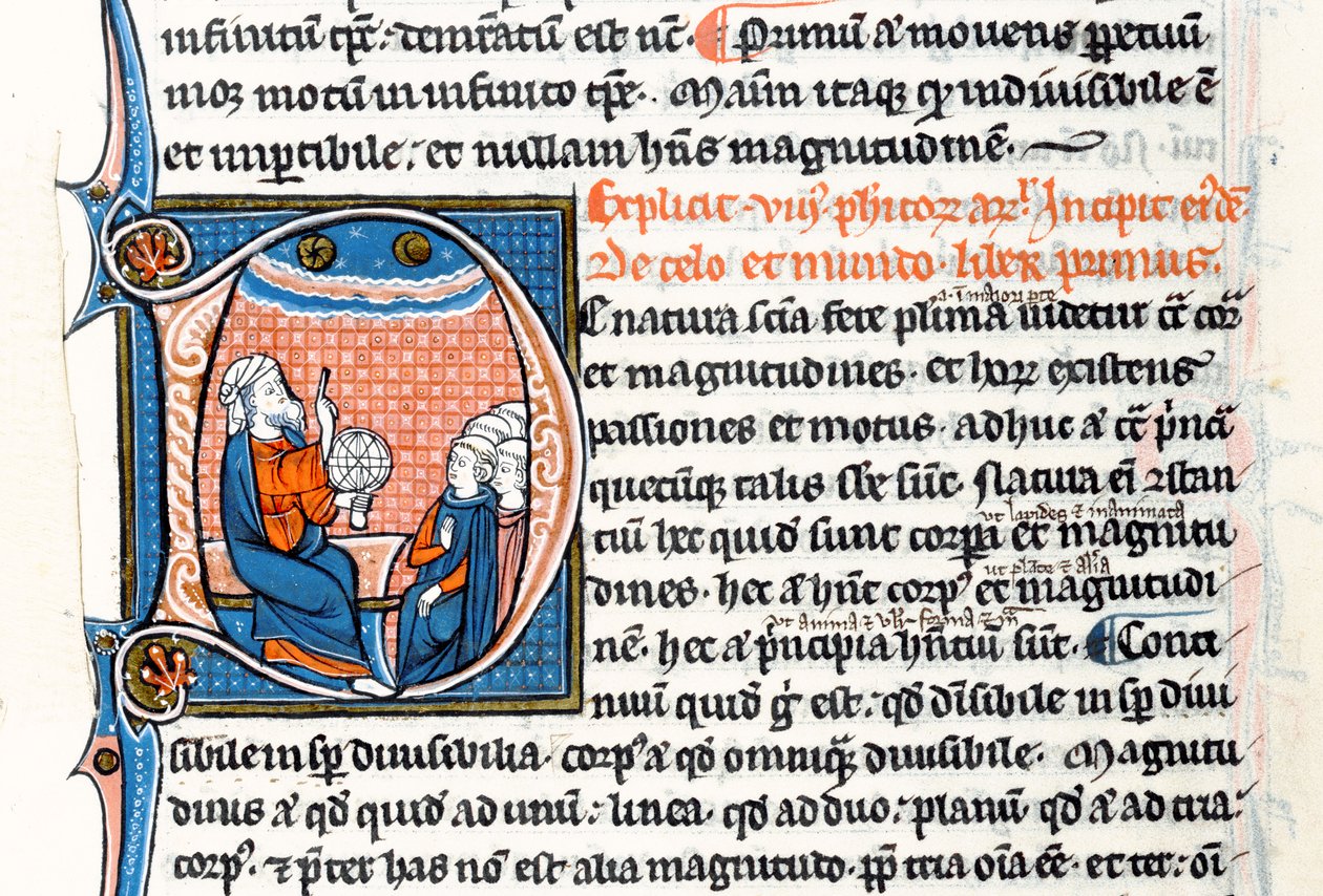 Ms 3458 fol 62vo Historikert initial D, der viser Aristoteles, der holder en armillarsfære og peger mod himlen, mens han underviser en gruppe gejstlige fra Vesteuropa (pen og blæk og tempera på vell af French School