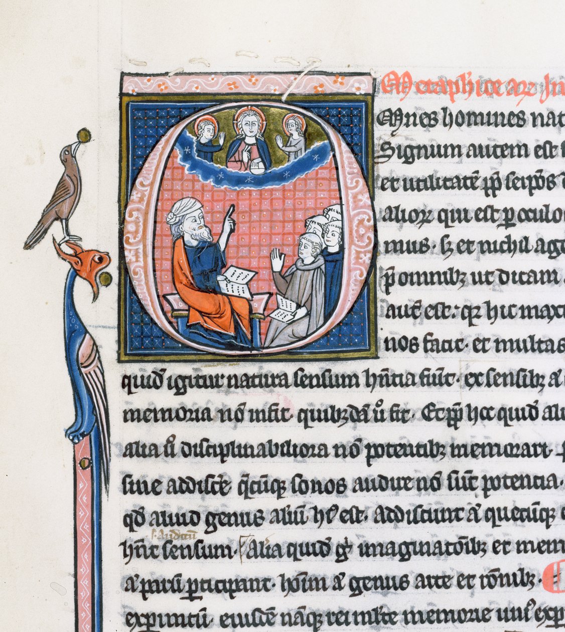 Ms 3458, historisk initial O, der forestiller den antikke græske filosof Aristoteles, der underviser en gruppe gejstlige fra Vesteuropa og peger opad mod Gud i himlen (pen & blæk og tempera) af French School
