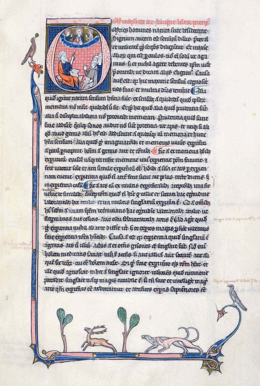 Ms 3458, historisk initial O, der forestiller den antikke græske filosof Aristoteles, der underviser en gruppe gejstlige fra Vesteuropa og peger opad mod Gud i himlen (pen & blæk og tempera) af French School
