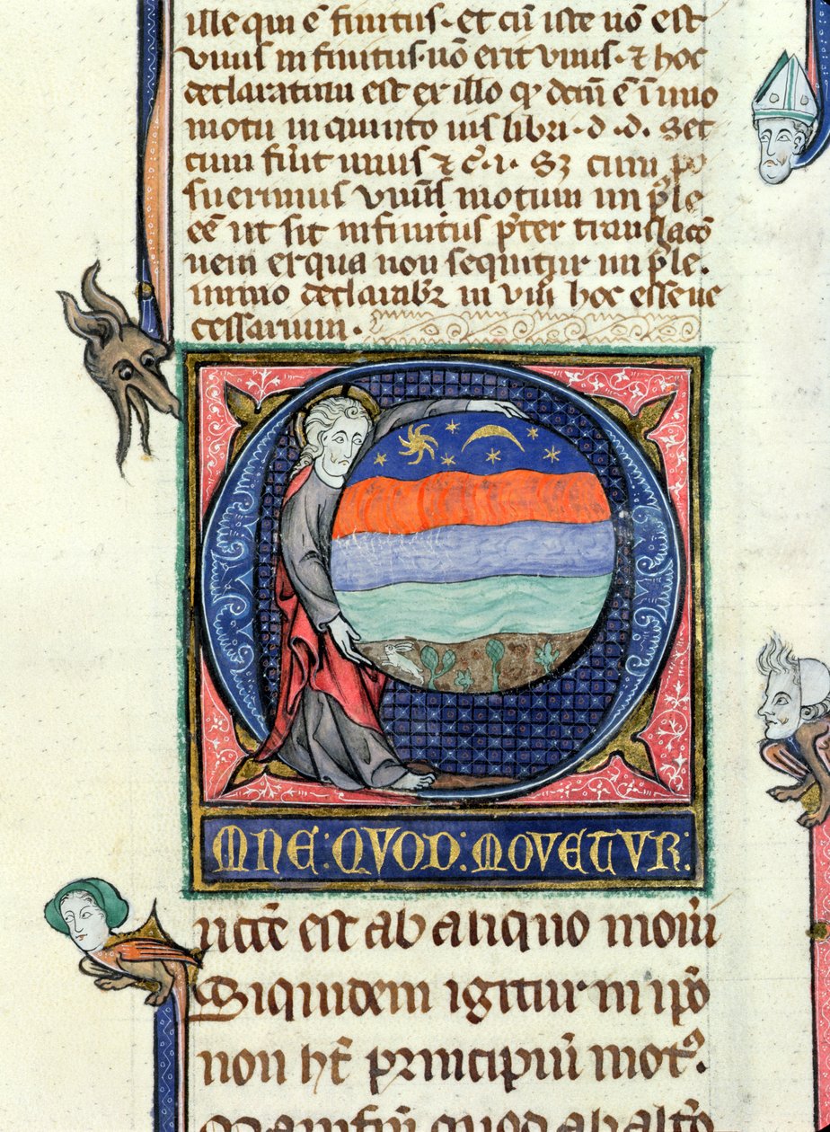 Ms 3469 Kristus holder en globus med de fire elementer, fra fysikken af Aristoteles (384-322 f.Kr.) (pen, blæk og tempera på vellum) af French School