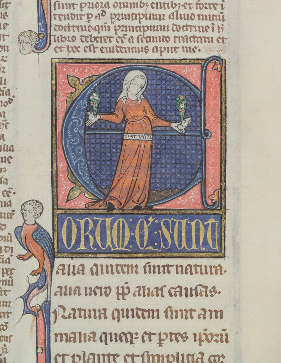 Ms 3469 Historikert initial E med en gengivelse af naturen, fra fysikken af Aristoteles (384-322 f.Kr.) (pen, blæk & tempera på vellum) af French School