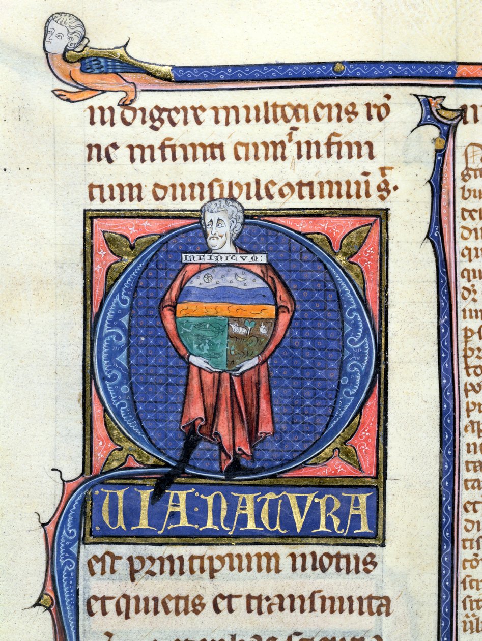Ms 3469 Philosopher holder en globus med de fire elementer, fra Physics af Aristoteles (384-322 f.Kr.) (pen, blæk og tempera på vellum) af French School