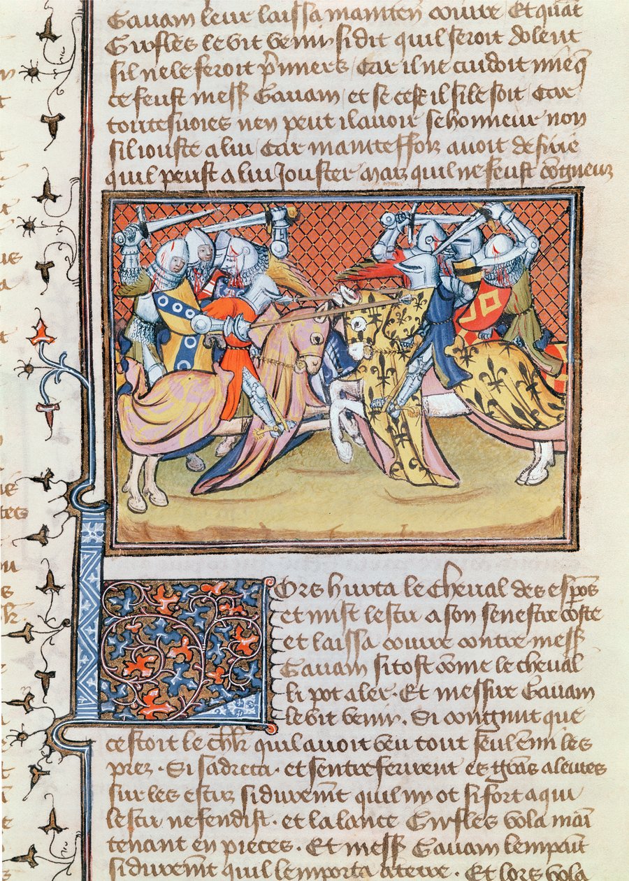 Ms 3479 t.1 fol.539 Når hestene støder sammen, fra Livre de Messire Lancelot du Lac af French School
