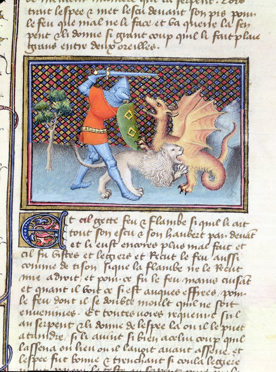 Ms 3480 Yvain, Ridderen med Løven, kæmper mod en drage, miniature fra Roman de Lancelot af French School