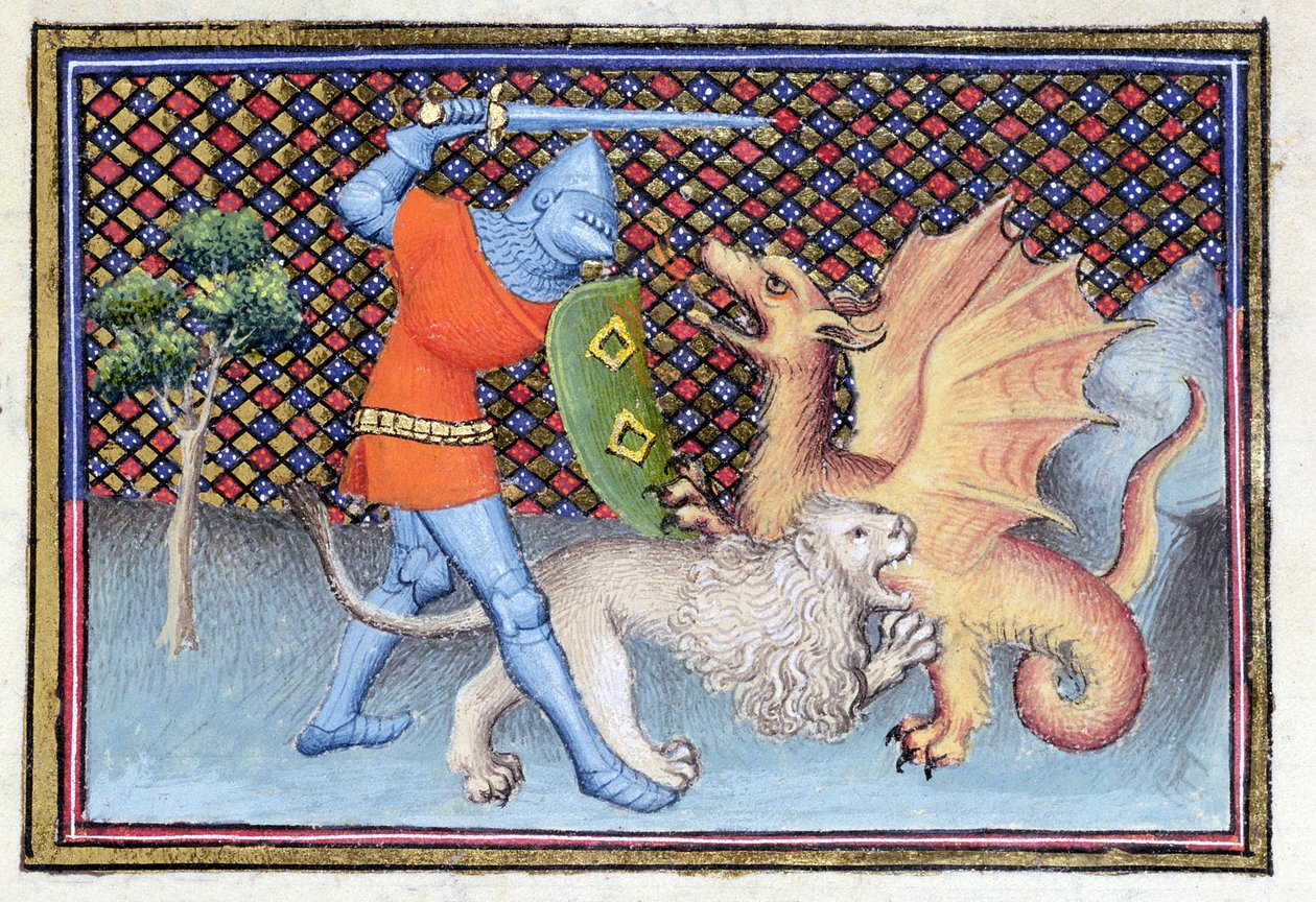 Ms 3480 Yvain, ridderen med løven, der kæmper mod en drage, miniature fra Roman de Lancelot, detalje af French School