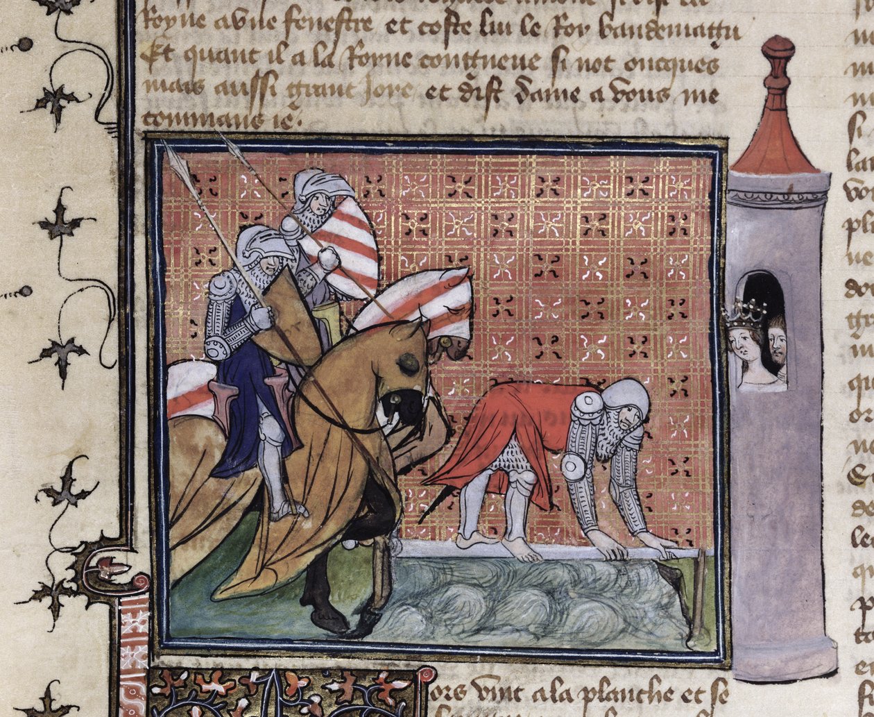 Ms 3480 fol.77 Lancelot Crossing the Sword Bridge, fra Sir Lancelot du Lacs bog af French School