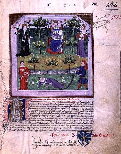 Ms 3522 fol.1 Forfatteren, der lader som om han sover, er vidne til et skænderi mellem en ridder og en biskop, fra 