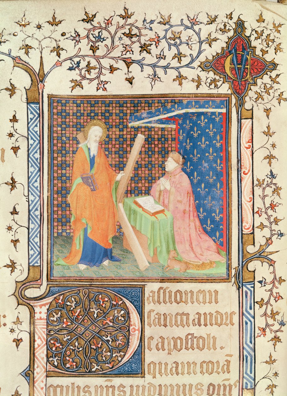 Ms 35 fol.17v Jean de France (1340-1416) Duc de Berry beder foran St. Andrew, fra Lectionary of Sainte-Chapelle de Bourges, c.1404-10 af French School