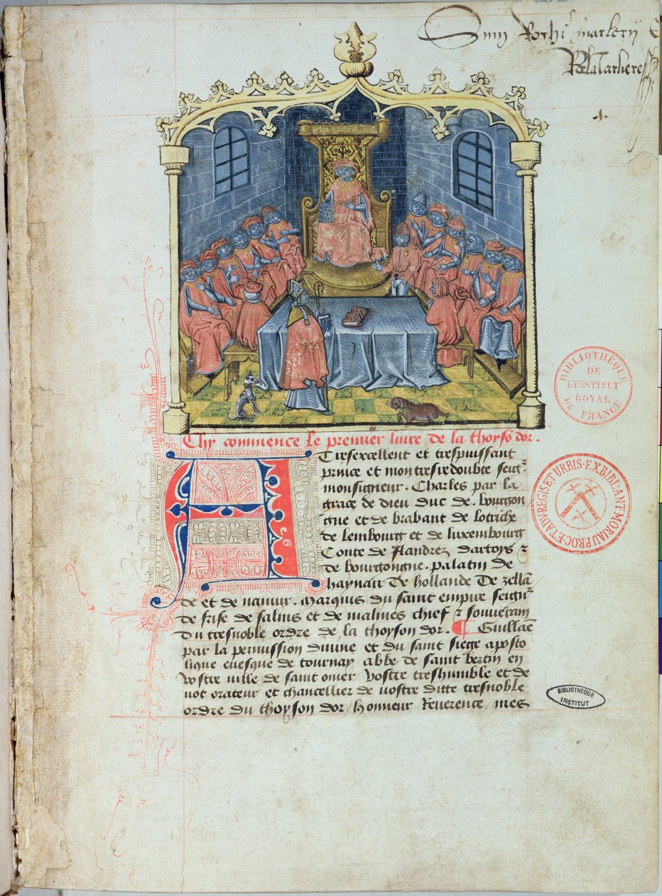 Ms 363 Charles the Drive (1433-77) hertug af Bourgogne og ridderne af ordenen af det gyldne skind, fra The History of the Golden Fleece af Guillaume Filastre, midten af det 15. århundrede (se også 1 af French School