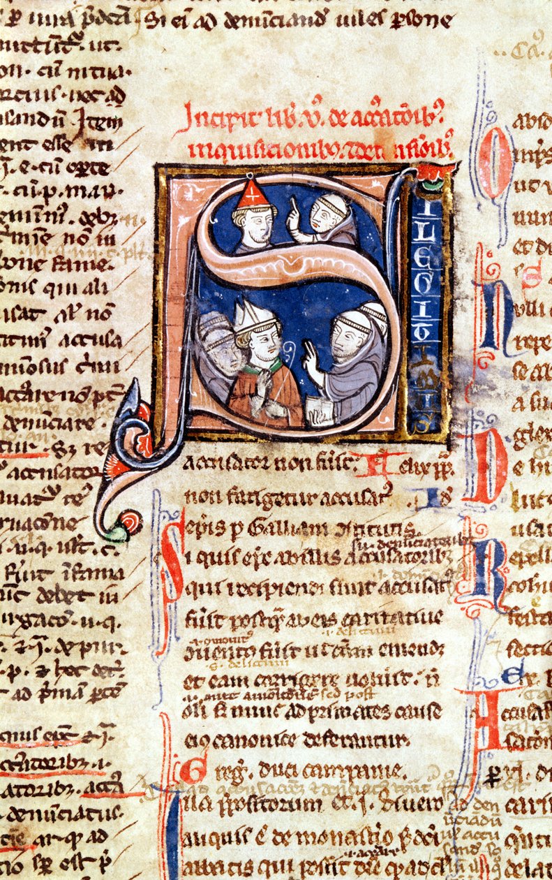 Ms 365 fol.350 Historikert initial S, der forestiller pave Gregor IX (1220-50) med biskopper og abbeder, fra Gregor IX. af French School