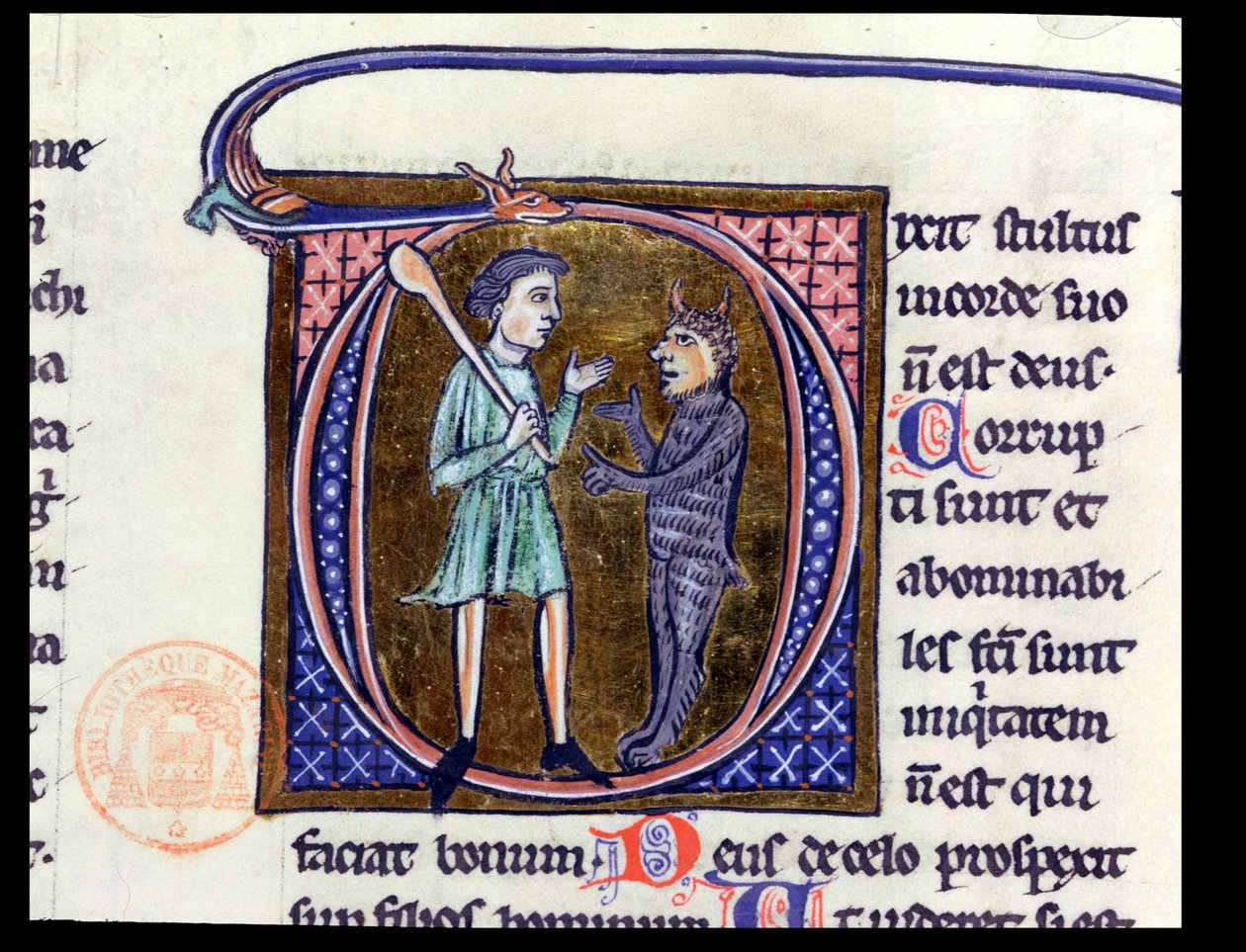 Ms 36 Historikert initial D, der viser en mand med djævelen, fra en latinsk bibel af French School