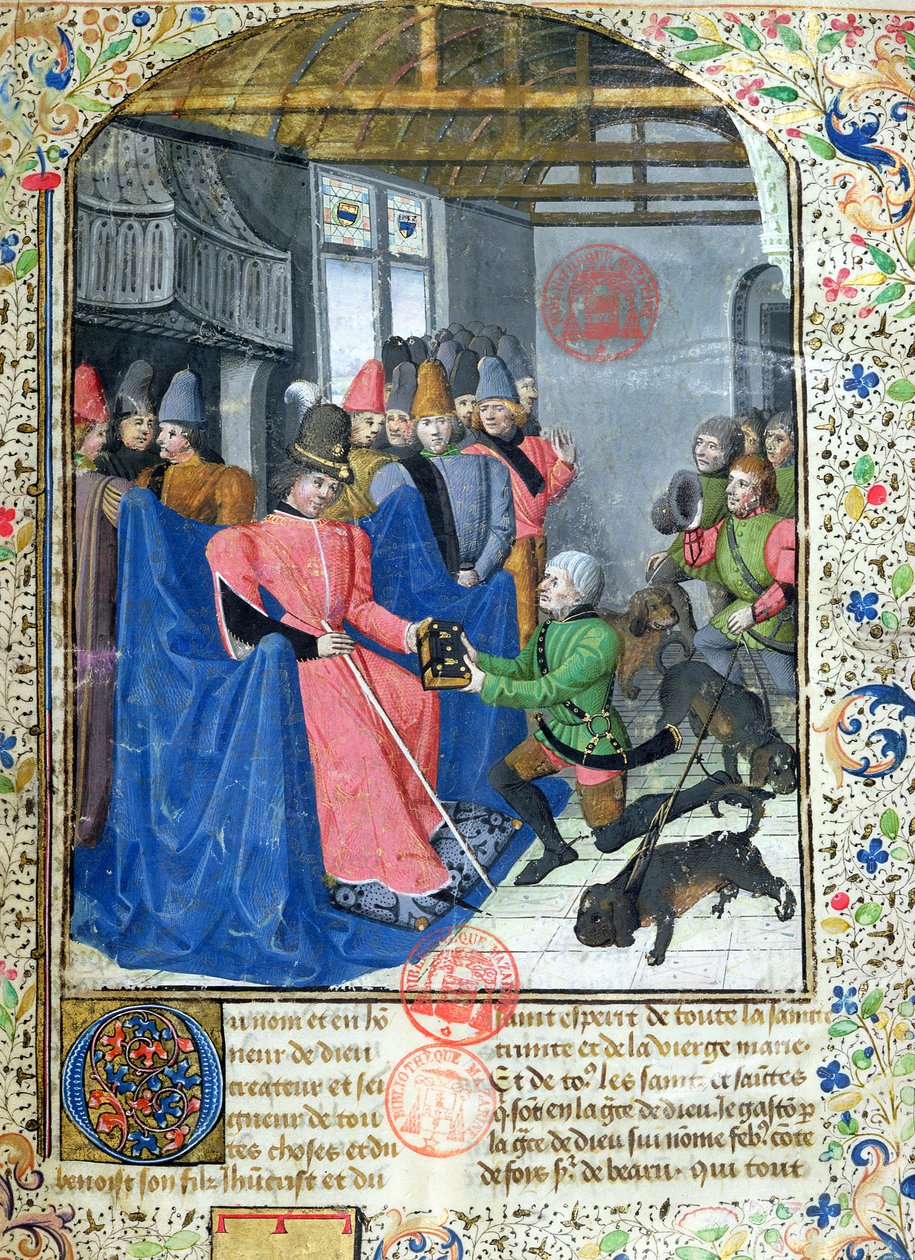 Ms 3717 Huntsman præsenterer forfatteren for en kopi af hans afhandling om jagt, fra Livre de la Chasse af Gaston Phebus de Foix (1331-91) af French School