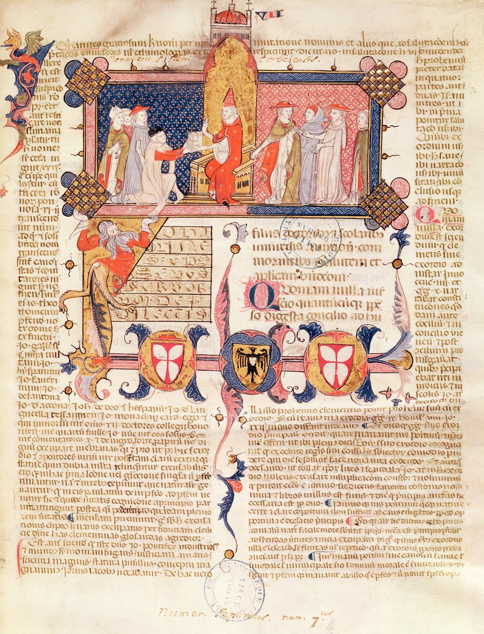 Ms 371 f.1 Jean Andre præsenterer sit arbejde for pave Clemens V (ca. 1260-1314) af French School