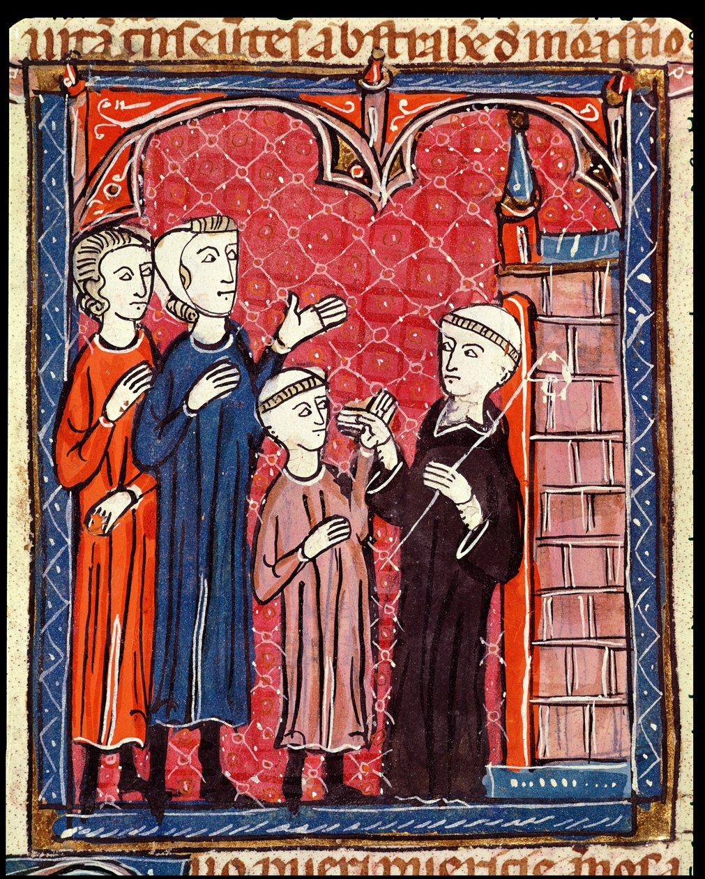 Ms 372 f.53r Et barn bragt til et kloster af sine forældre, fra Decrets de Gratien af French School