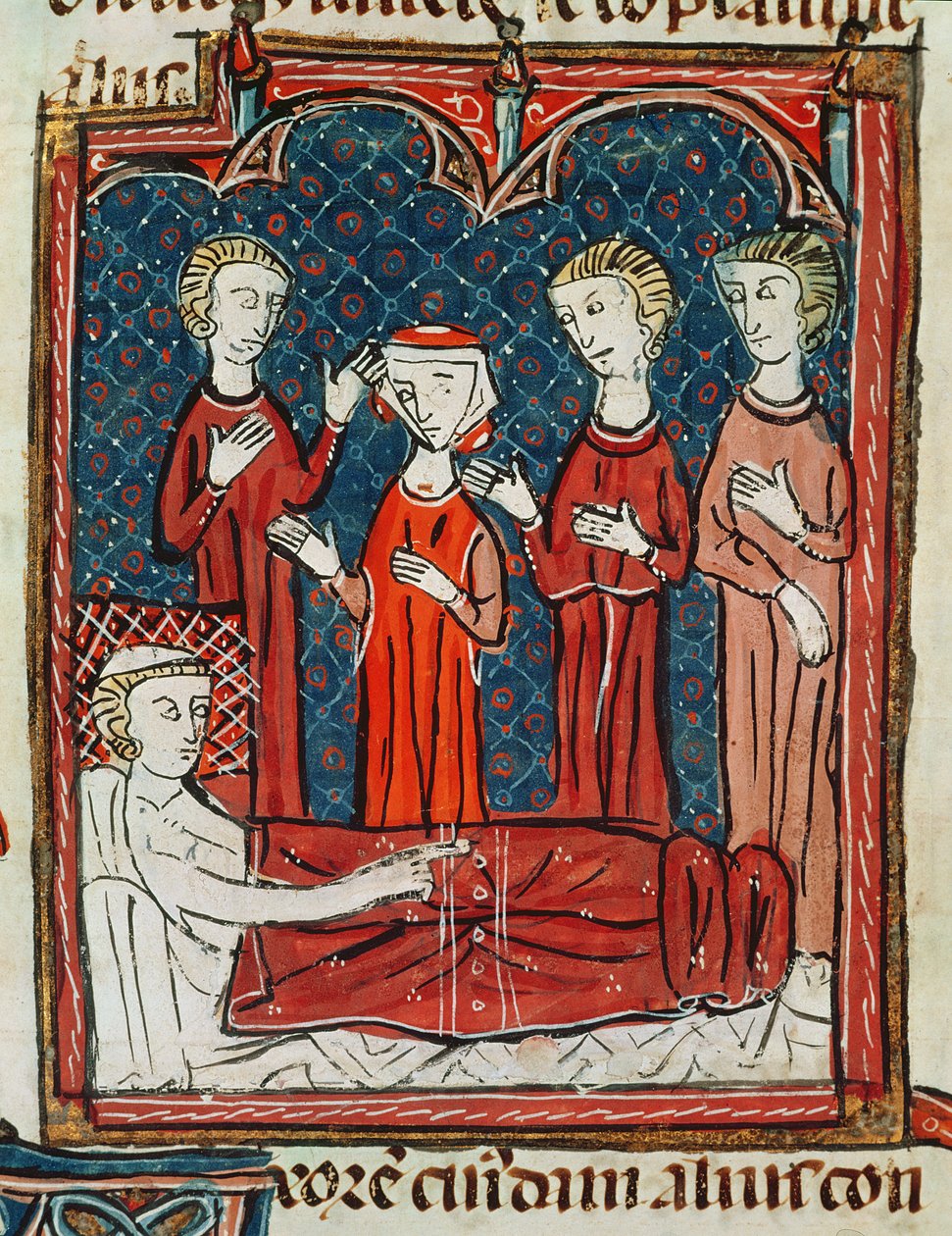 Ms 372 fol.165v En mand i sin sygeseng, fra Decrets de Gratien af French School