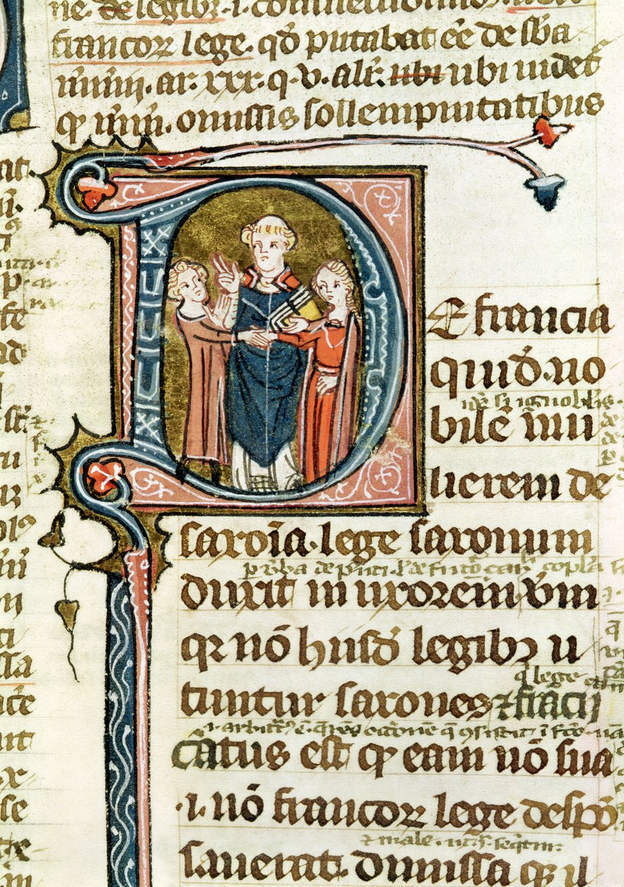 Ms 376 f.320 Historikert initial D, der viser en præst, der velsigner et ægteskab, fra Les Gregoriennes af French School