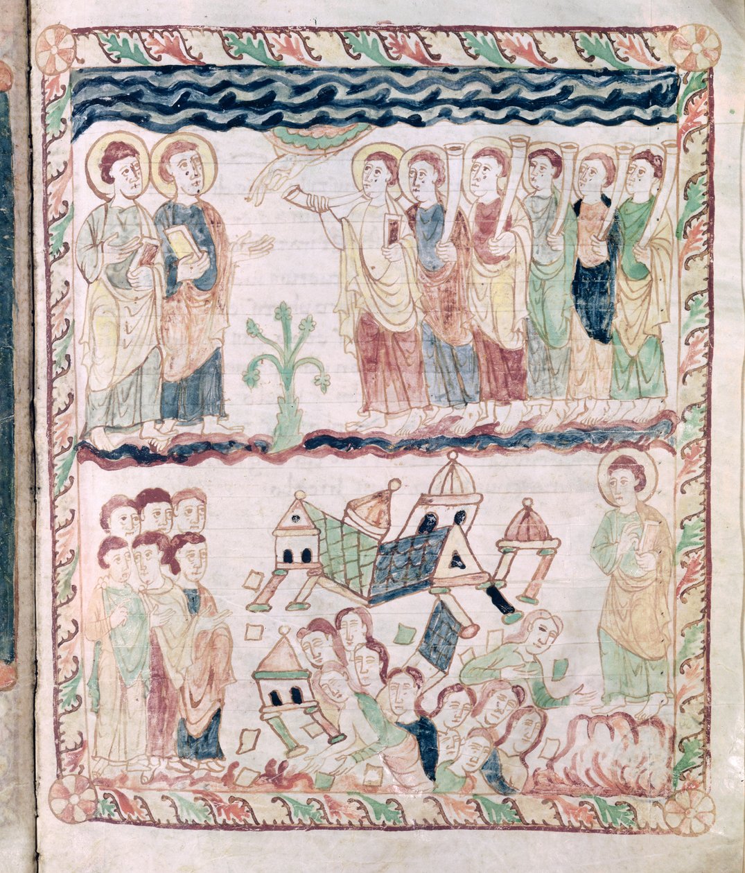 Ms 386 fol.25r Engle med trompeter og jorden ryster, fra Johannes-apokalypsen af French School