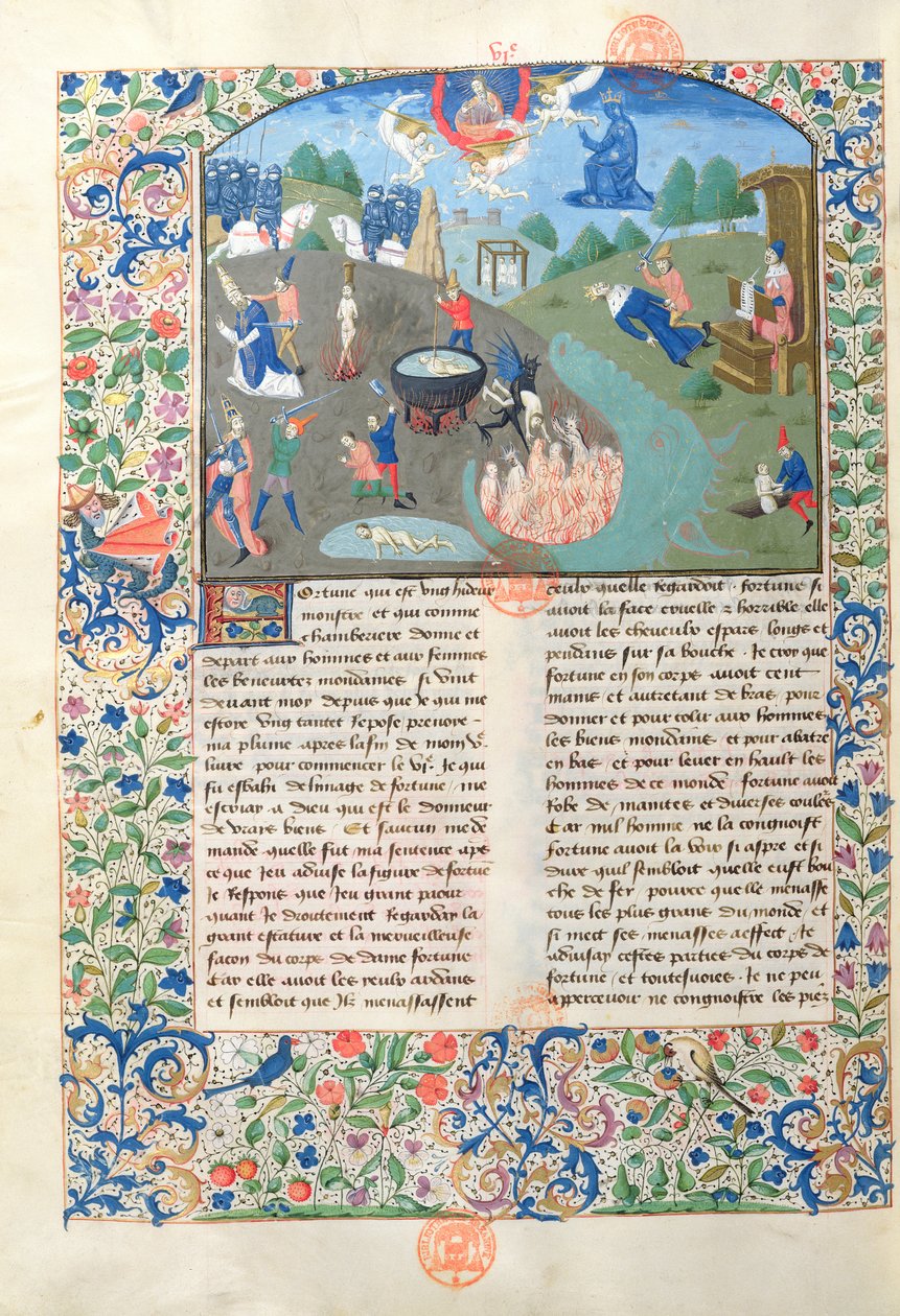 Ms 3878 Scener med kamp, drab og helvede fra De Casibus Virorum Illustrium af Giovanni Boccacci (1313-75) af French School