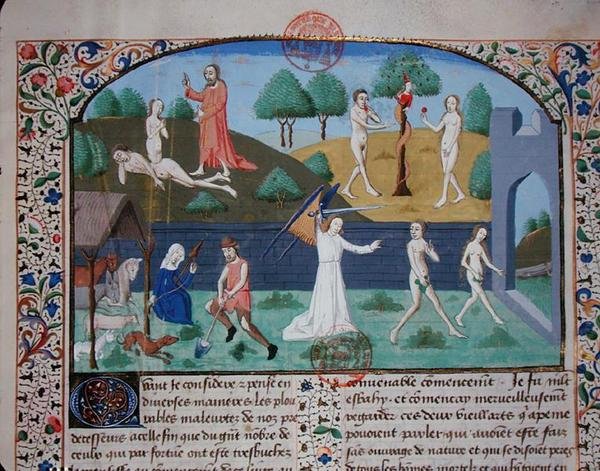 Ms 3878 Evas skabelse, fristelsen og uddrivelsen af Adam og Eva, fra 