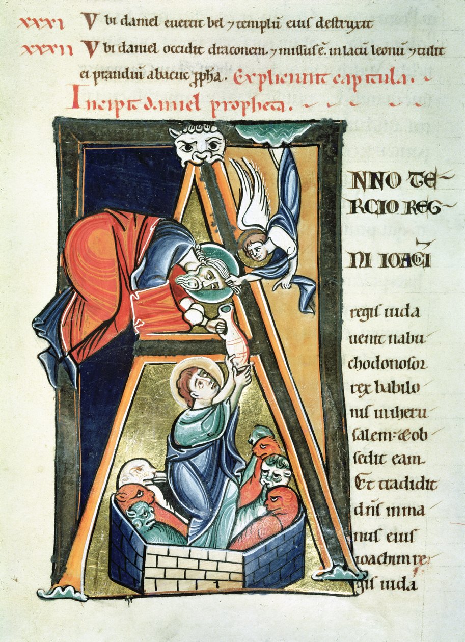 Ms 3 fol.233 Historikert initial A, der forestiller Daniel i Løvehulen, fra Bibelen de Saint-Sulpice de Bourges af French School