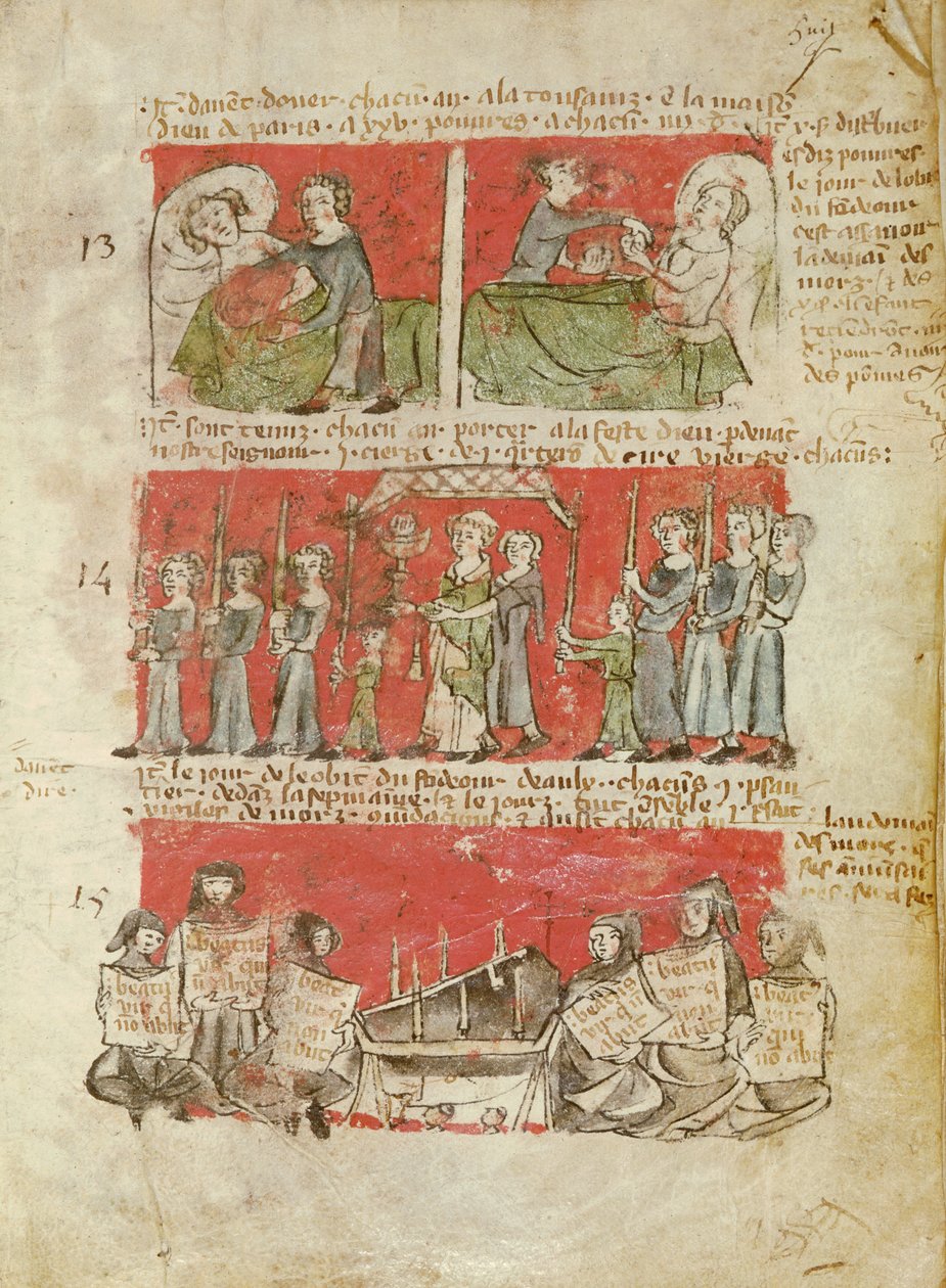 Ms 406 fol.6 Scener fra livet for studerende fra College of Hubant eller Ave Maria, fra vedtægterne for College of Hubant, Paris, 1387 af French School