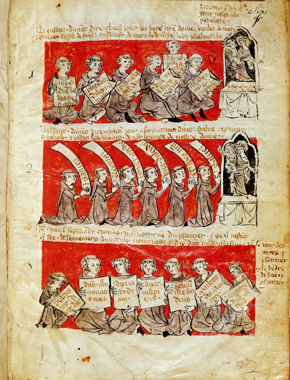 Ms 406 fol.6 Scener af livet for eleverne fra College of Hubant eller College of the Blessed Virgin i Paris, fra vedtægterne for College of Hubant, 1387 af French School