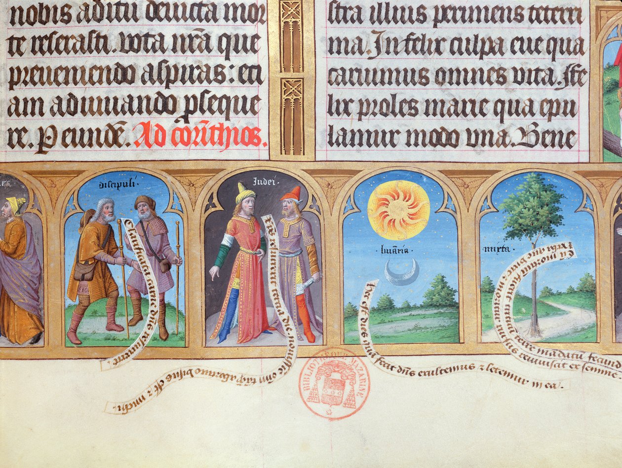 Ms 412 Book of Hours med illustrationer af pilgrimme, jøder. sol, måne og myrte af French School