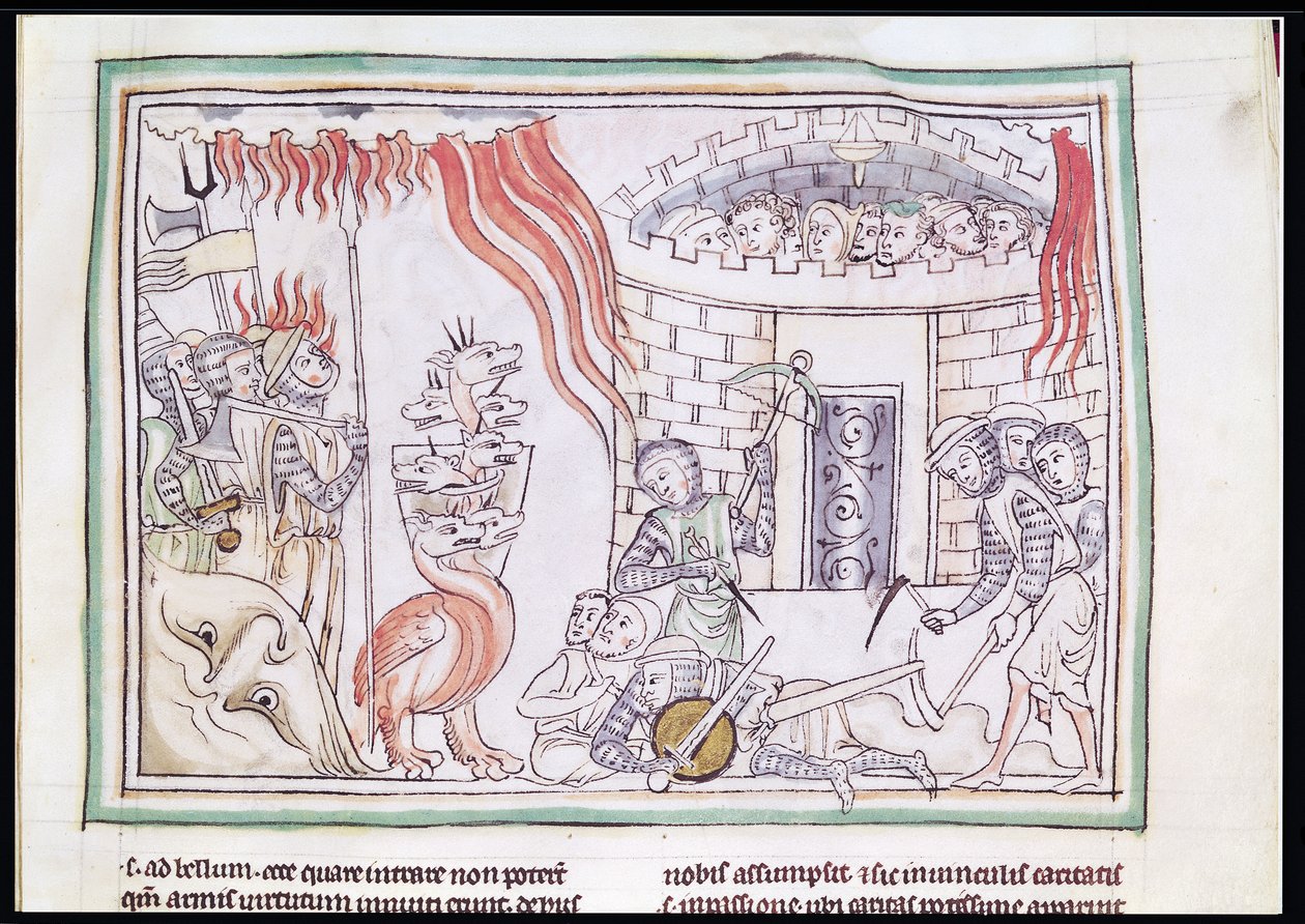 Ms 422 Fol.95r The Celestial Fire Destroying the Army of Satan, scene fra Apocalypse af French School