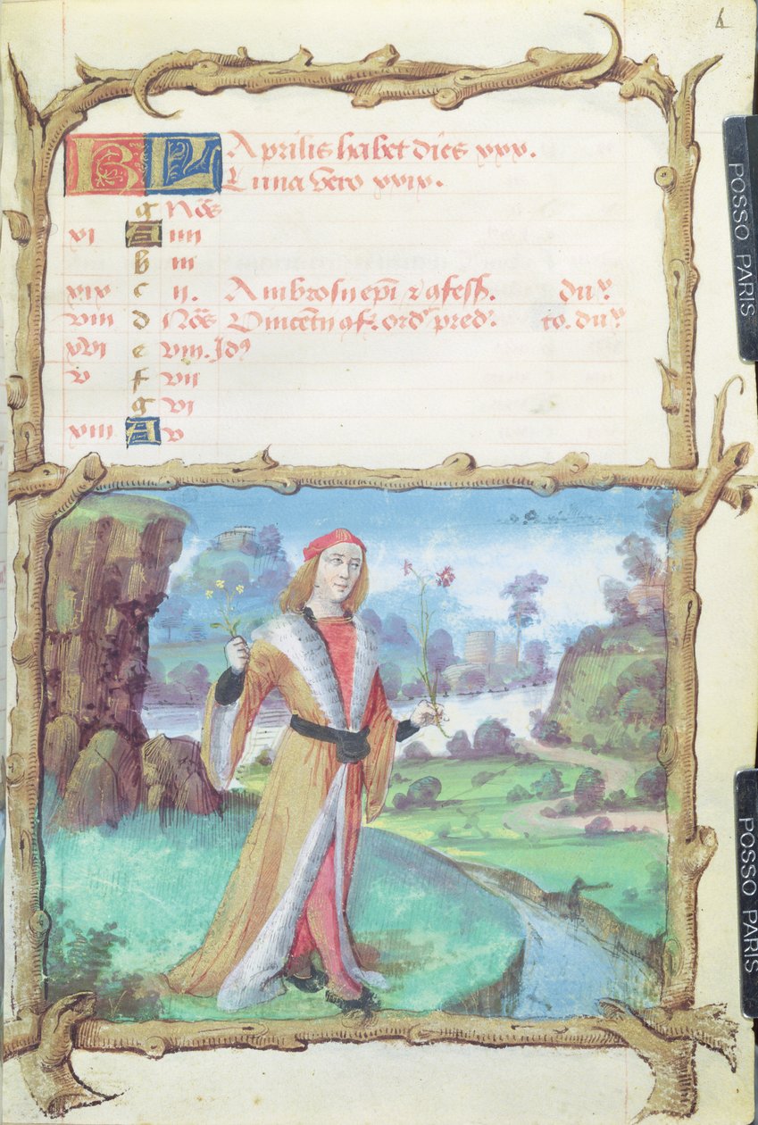 Ms 438 April måned: Gentleman plukker blomster, fra en timebog, 1490 af French School