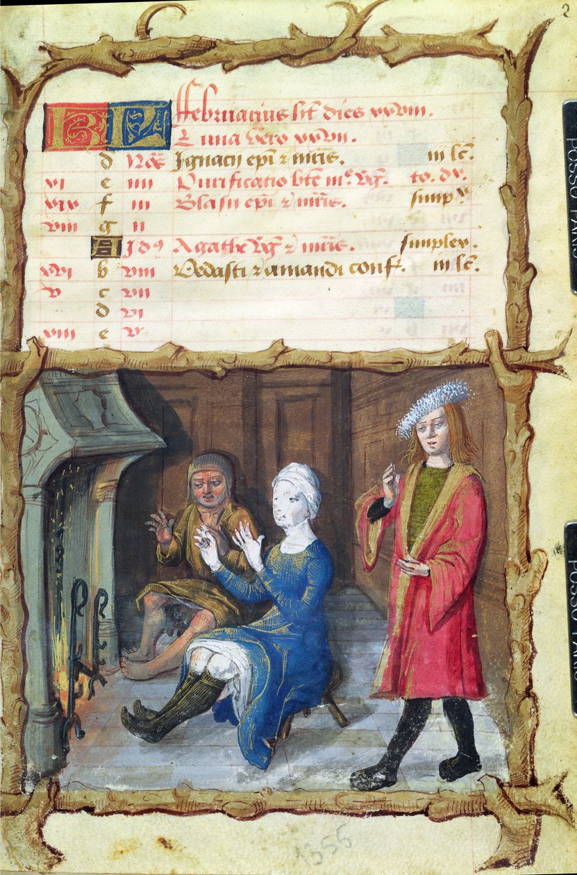 Ms 438 Februar måned: Opvarmning foran ildstedet, fra en timebog, 1490 af French School