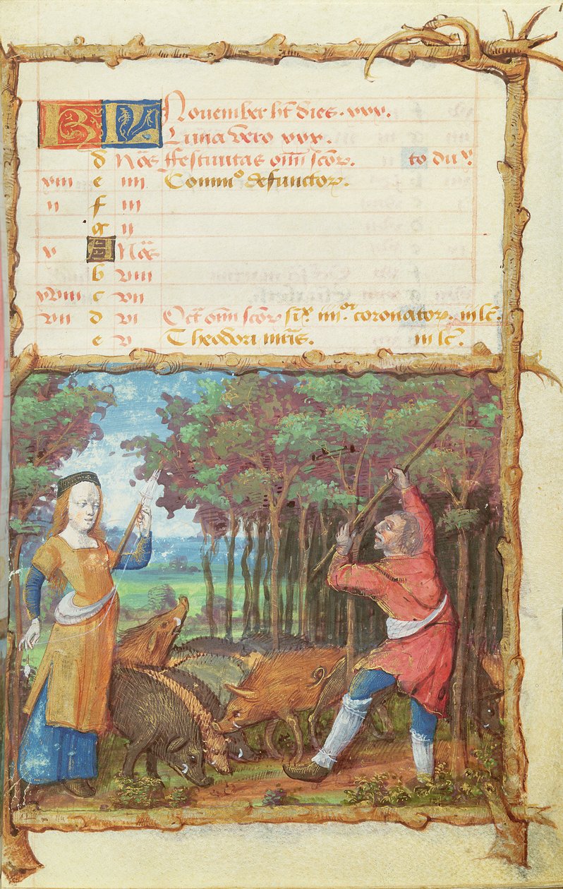 Ms 438 The Month of November: Gathering Acorns, from a Book of Hours, 1490 af French School