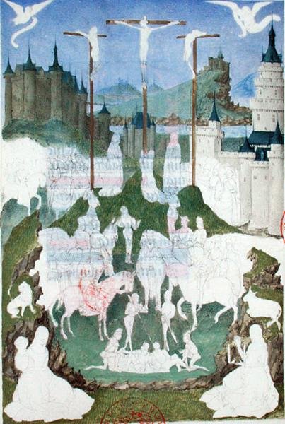 Ms 473 Korsfæstelsen eller Golgatha, ufærdig miniature fra "Heures de Charles de France", ca.1466-69 (gouache på papir) af French School