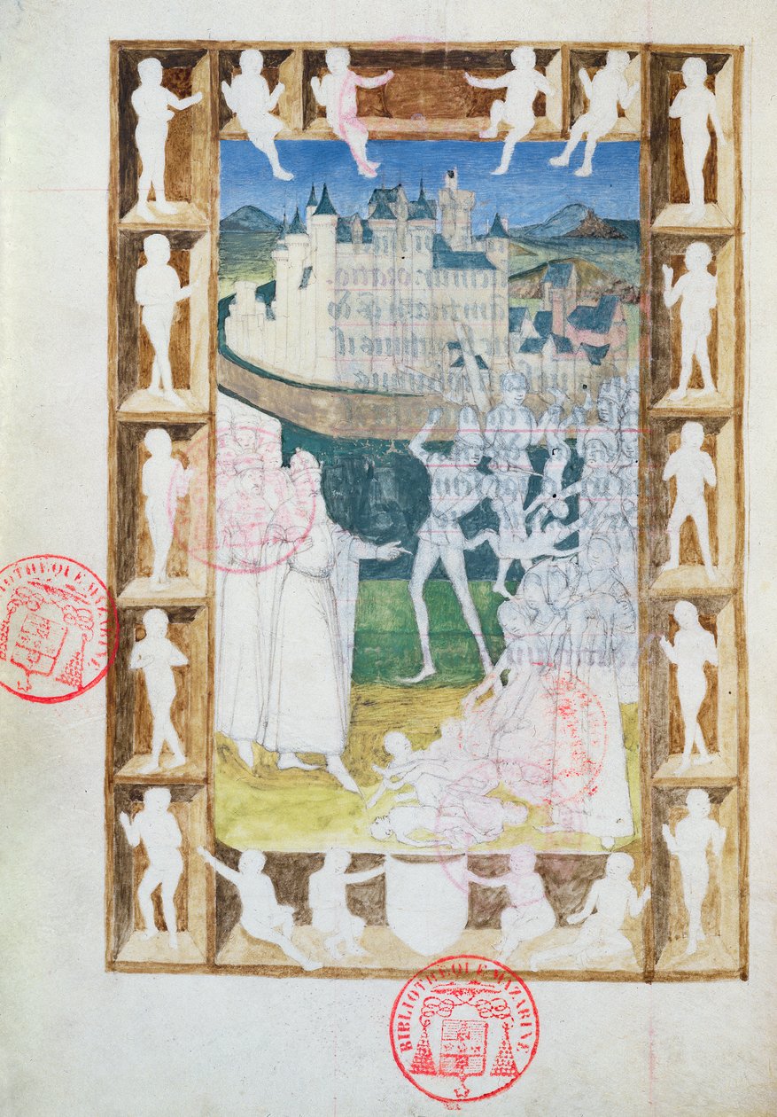 Ms 473 The Massacre of the Innocents, ufærdig miniature fra Heures de Charles de France, ca. 1466-69 af French School
