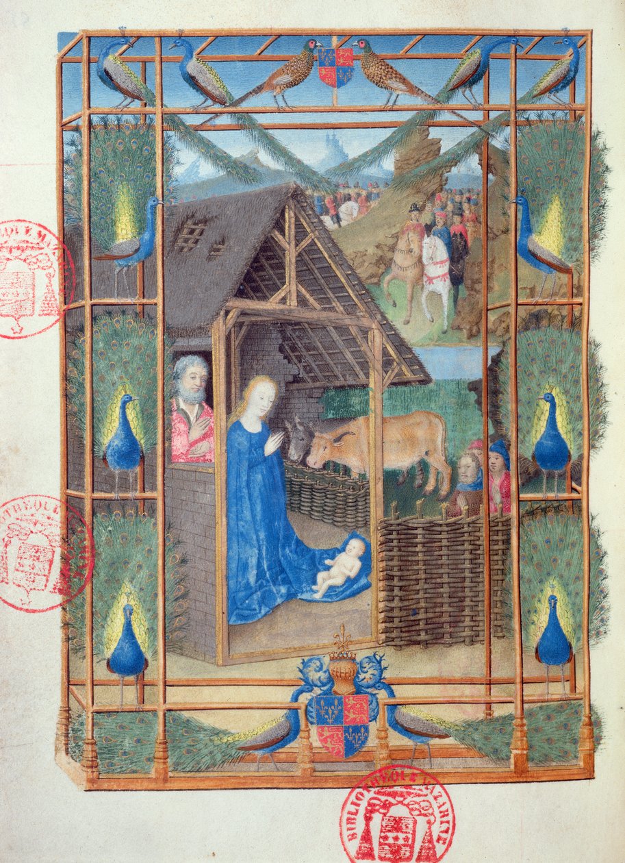 Ms 473 Fødselen med påfugle, miniature fra Heures de Charles de France, ca. 1466-69 af French School