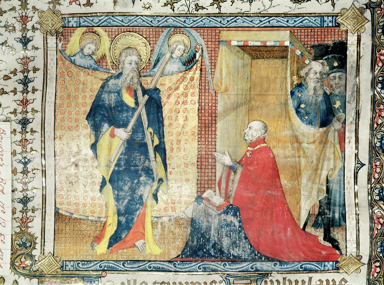 Ms 48 fol.181 Jean de France (1340-1416) Hertug af Berry, der beder foran St. Andrew, fra Lectionnaire de la Sainte-Chapelle de Bourges, c.1404-10 af French School